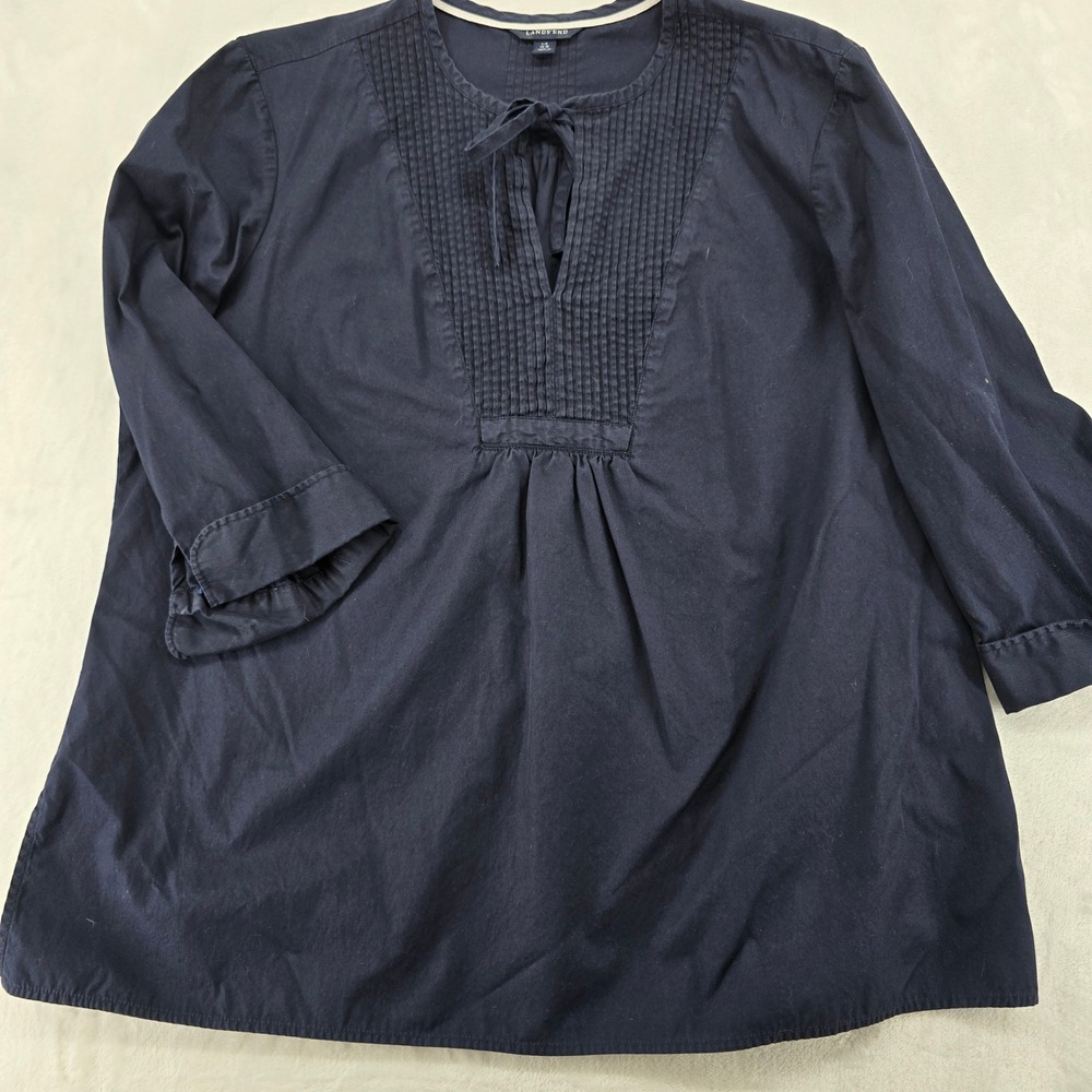 Lands' End Tunic Womens L/P 14-16 Top Navy Blue Pintuck Bib Cotton Blouse